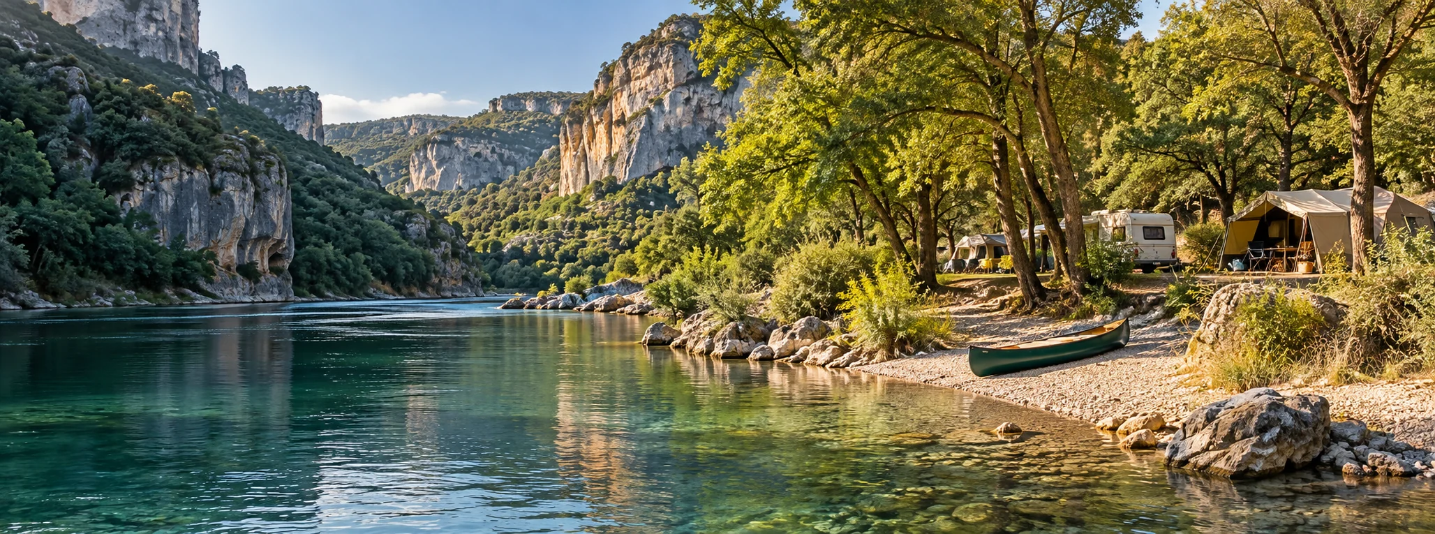 Camping onder bomen aan de heldere Ardèche in Frankrijk