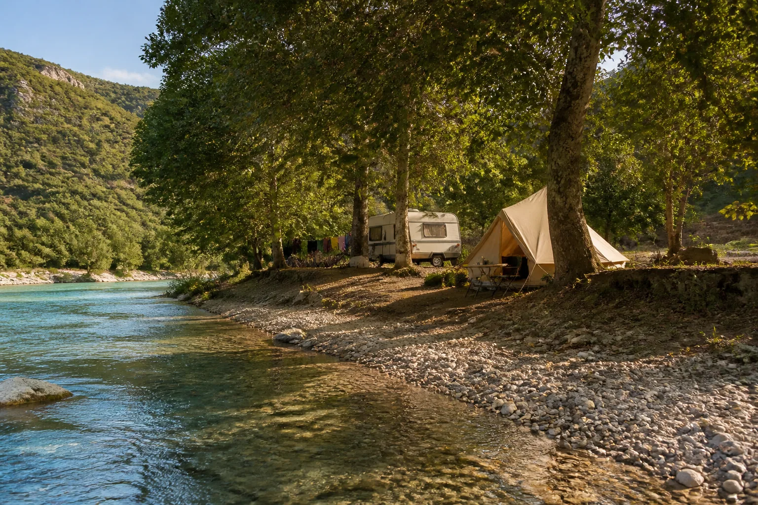 Groene camping aan een rivier