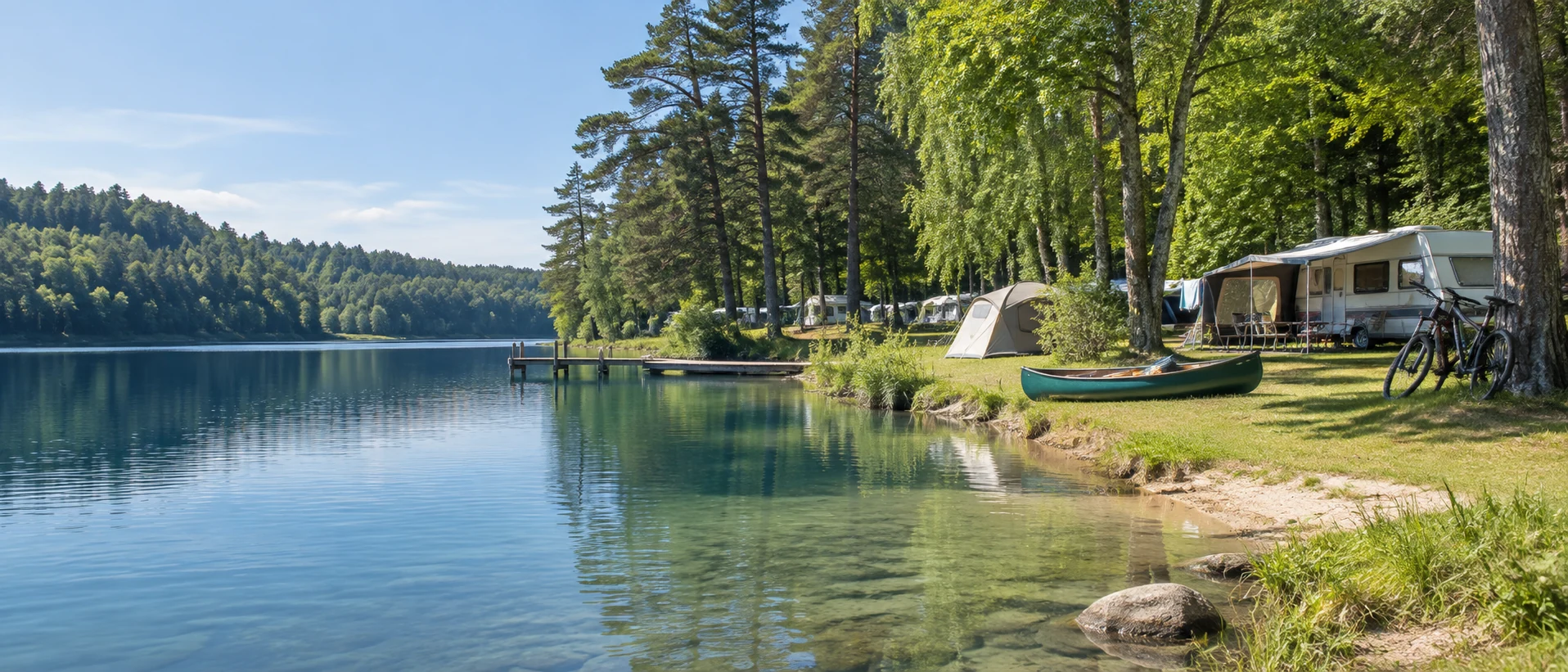 Sfeerbeeld van een groene camping direct aan een Duits meer
